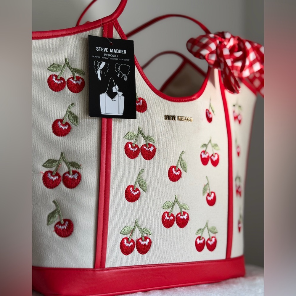 Steve Madden Cherry Red Gingham Scarf Bow Cream denim Tote Bag satchel Purse - Picture 2 of 9